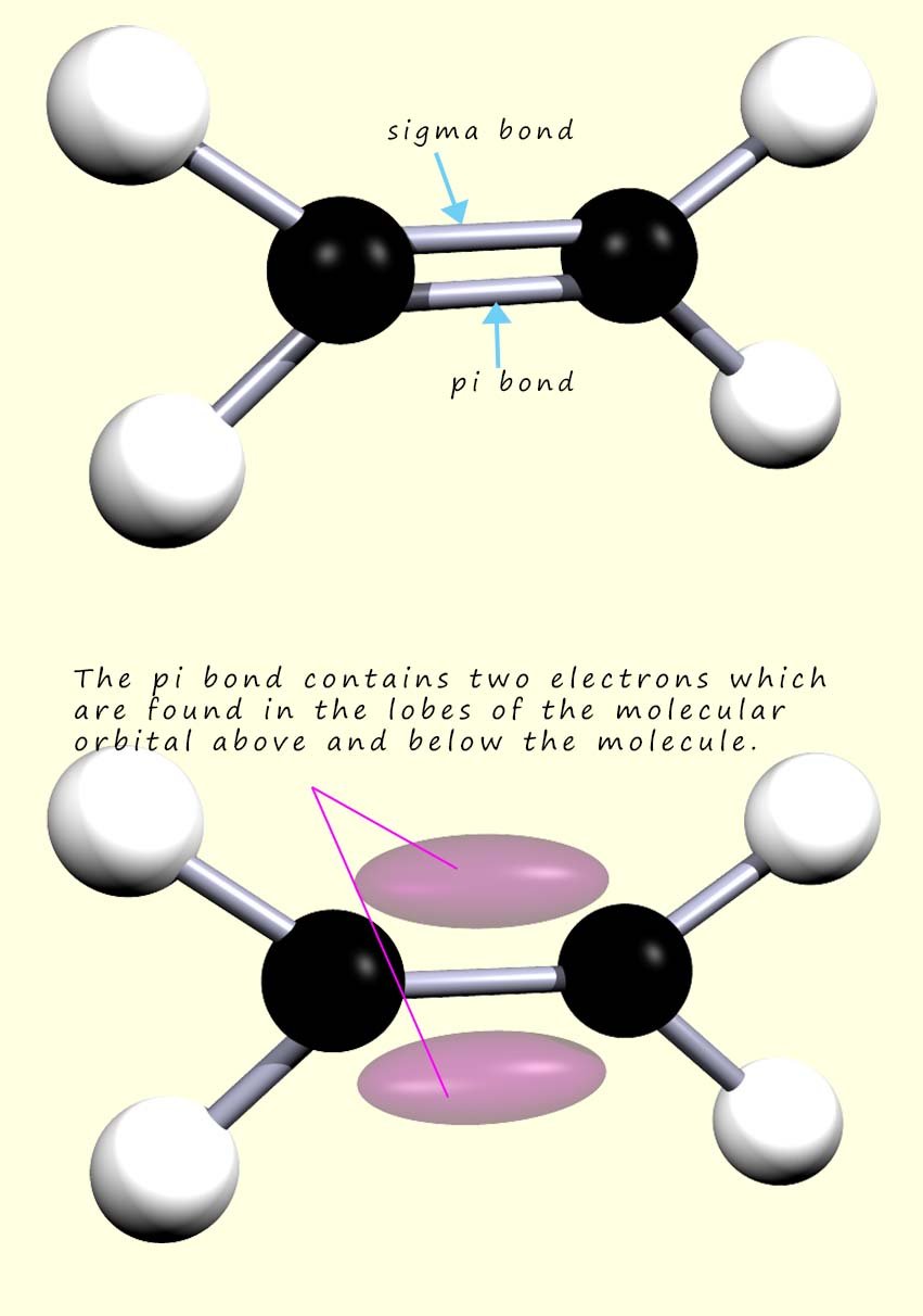 Molecule of ethene showing the sigma and pi bonds present